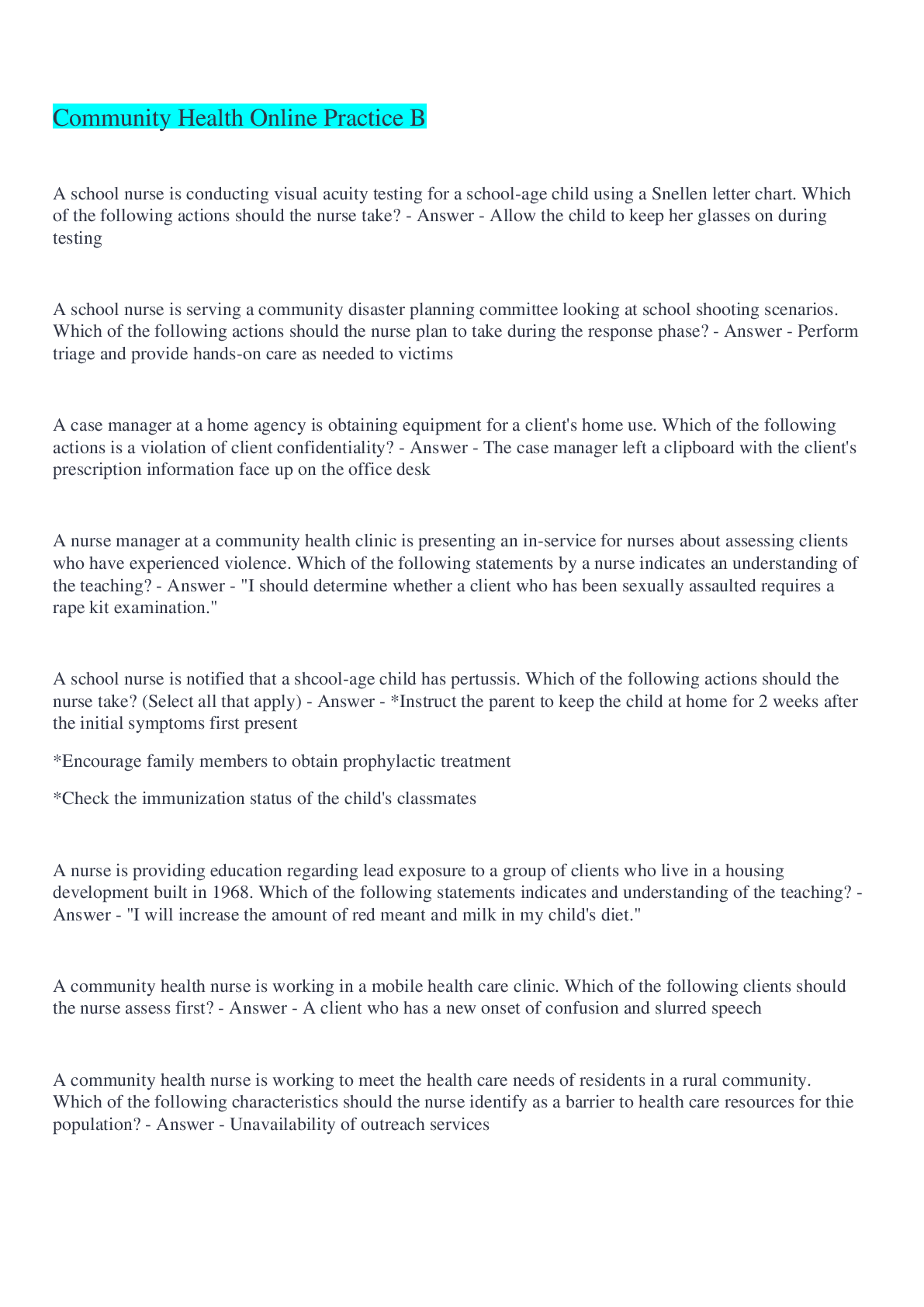 Preview image of Community Health Online Practice B document